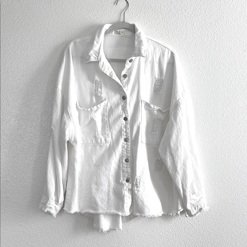 POL White Distressed Denim Jacket, size large